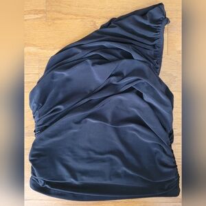 Express Fitted One Shoulder Ruched Cropped Top, Black, Size S